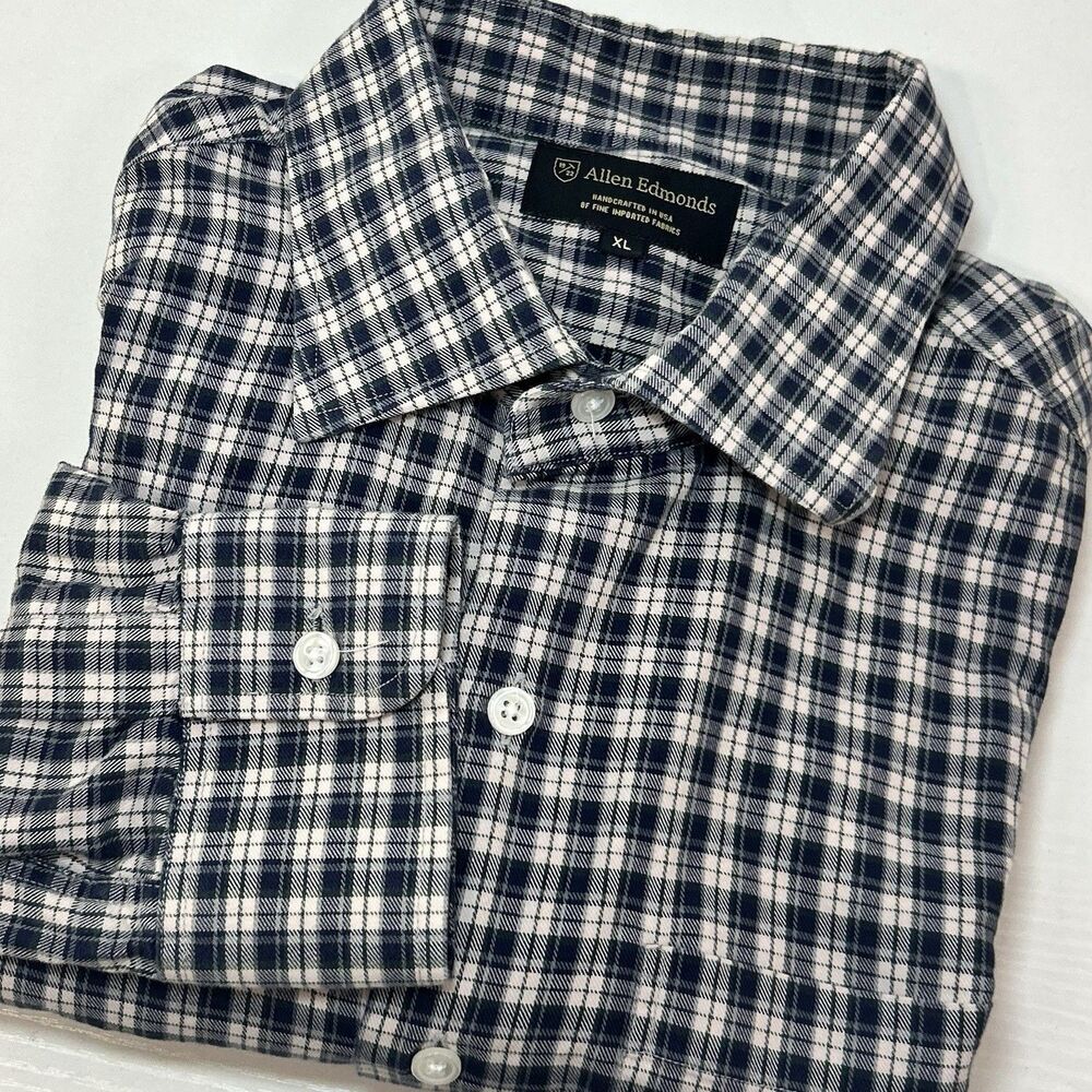 Allen Edmonds Mens XLarge Blue Green Check Button Down Cotton Long Sleeve Shirt